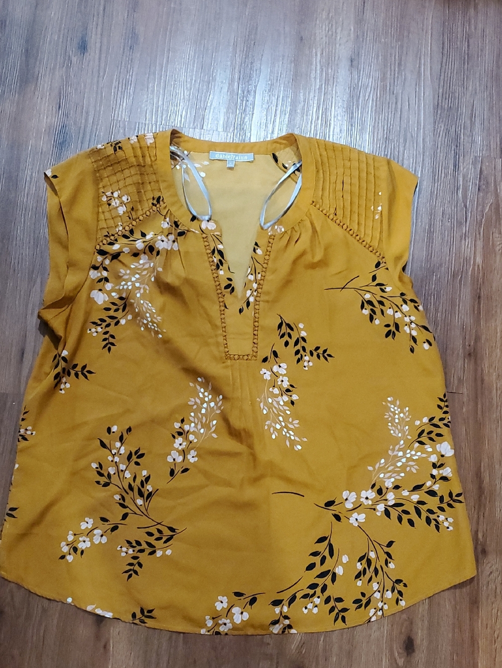 Daniel Rainn Mustard Floral Pintuck Split-Neck Blouse